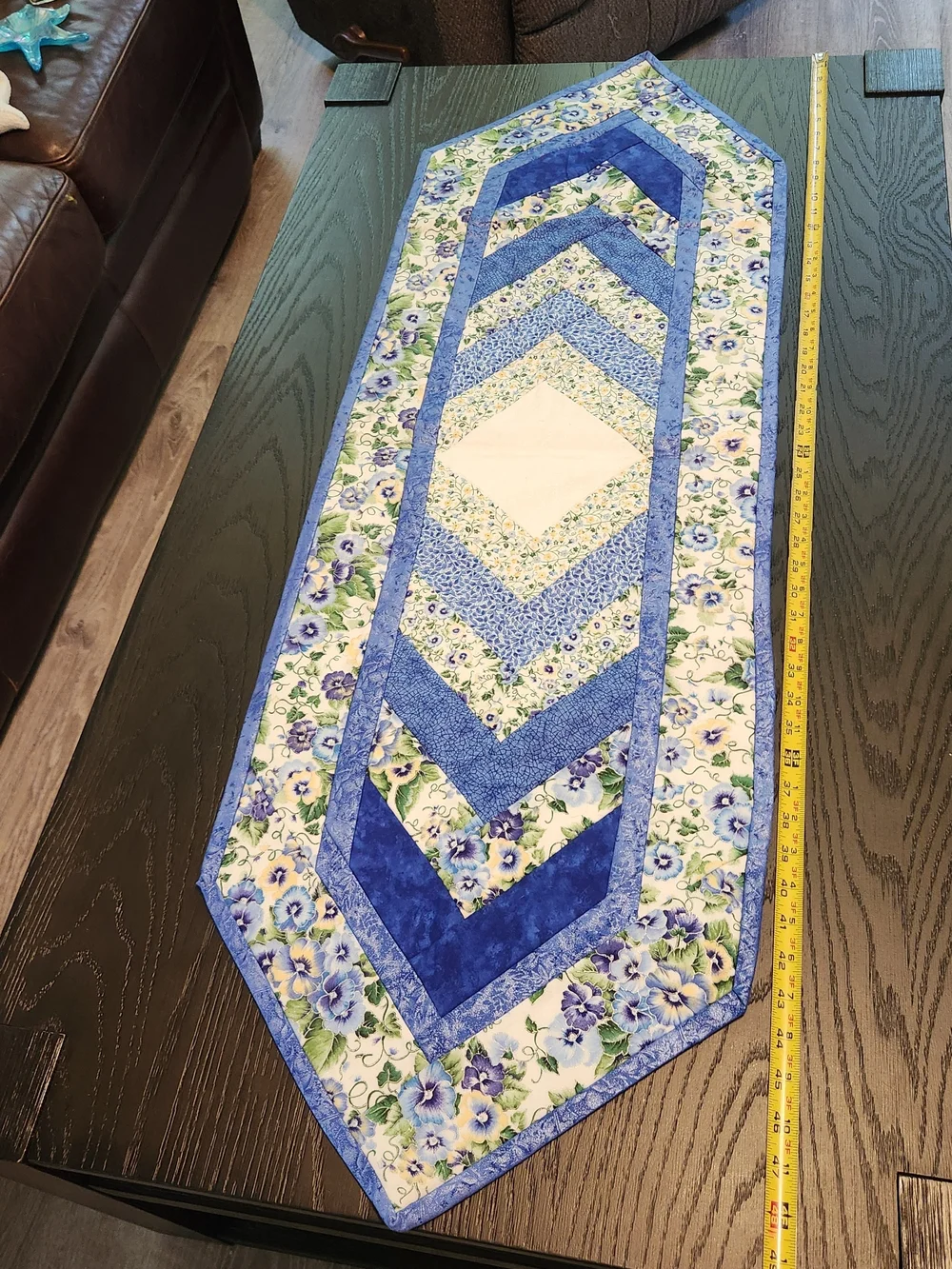 Handcrafted Blue & White Floral Quilted Reversible Table Runner with Pansies